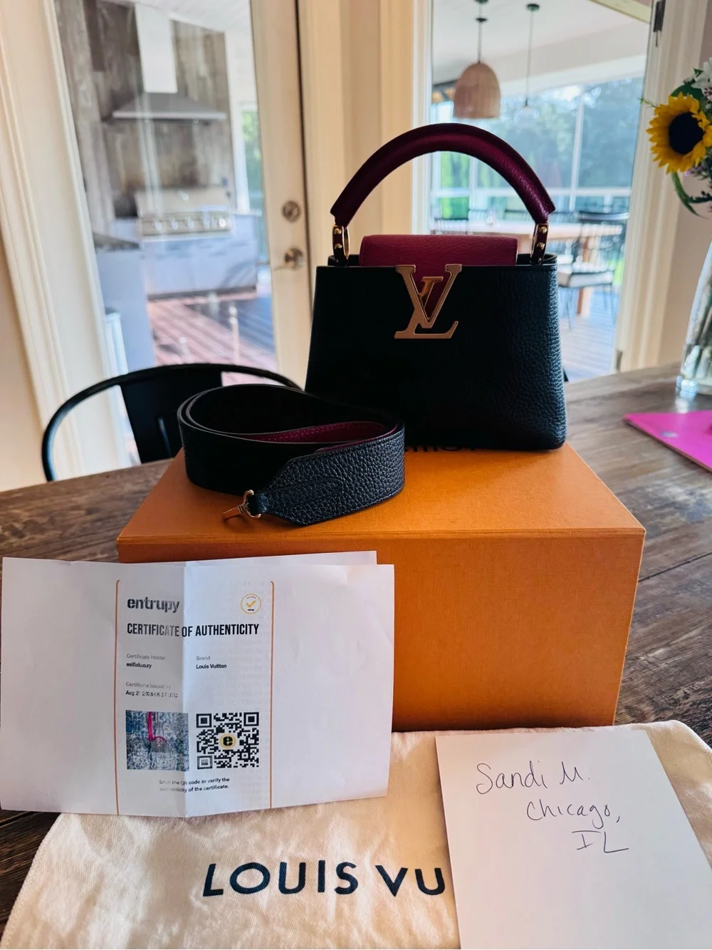 Authentic Louis Vuitton Capucines Mini Top-Handle Bag in Black & Red with COA